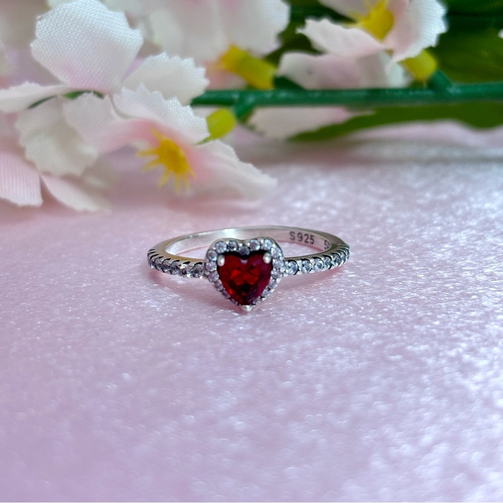 Red Heart Halo Dainty Sterling Silver Ring
